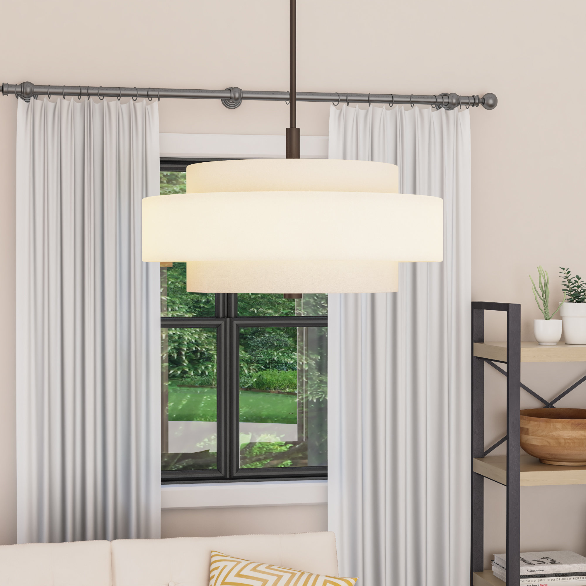 Flaire 4 - Light Metal Dimmable Drum Chandelier, Oatmeal, English Bronze
