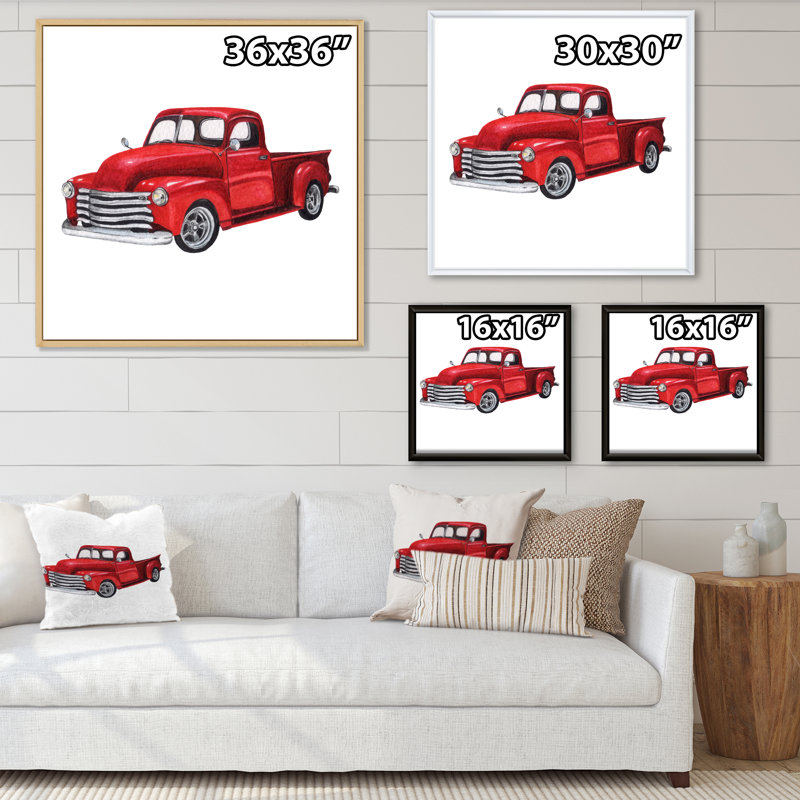 Camionnette rouge rétro - peinture sur toile, H 36 po x l 36 po x P 1,5 po, Toile à cadre flottant doré