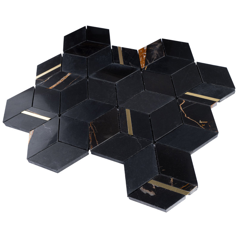 Natural Dorato Marble Mosaic Wall Tile, Black/Gold