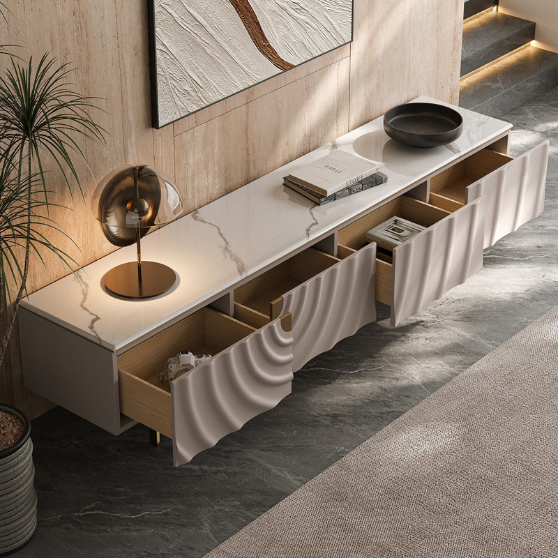Modern White Sintered Stone Manufactured Wood TV Stands, 86.61