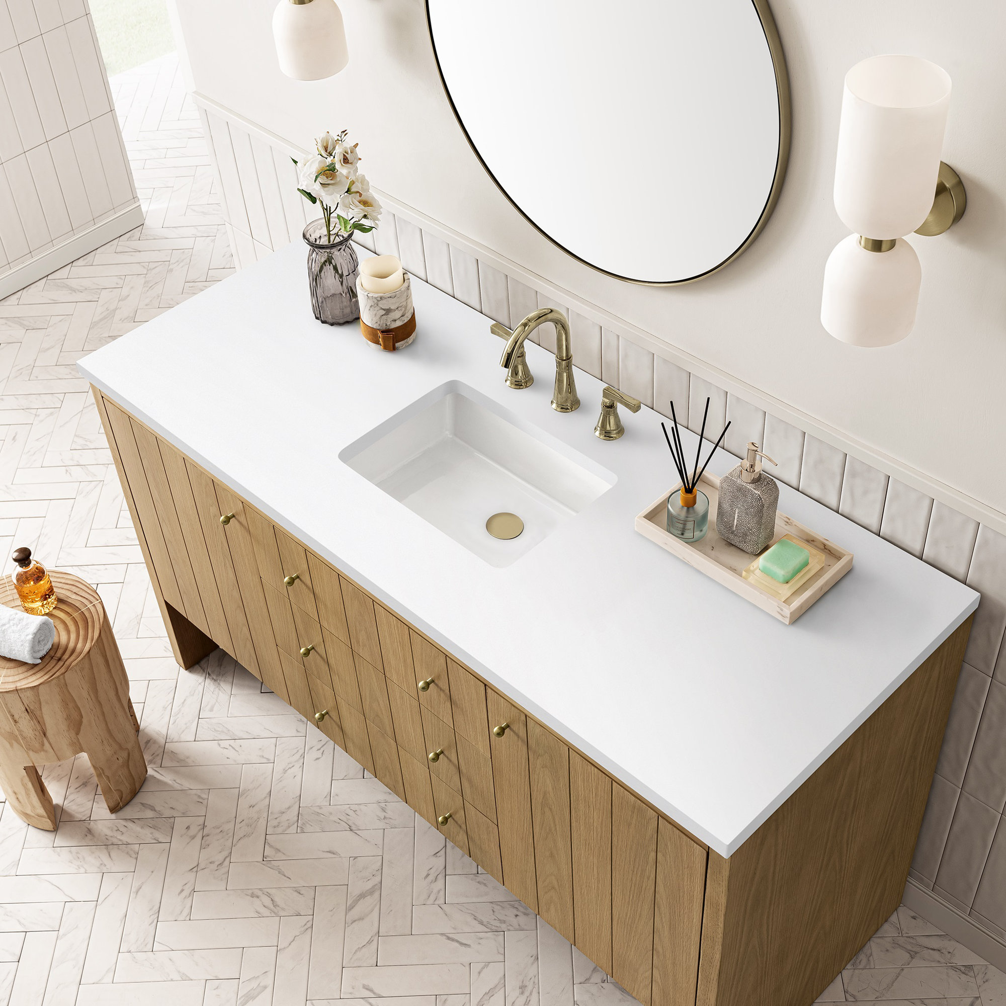 Hudson 60'' Single Bathroom Vanity, 8" Widespread, Light Natural Oak, White Zeus