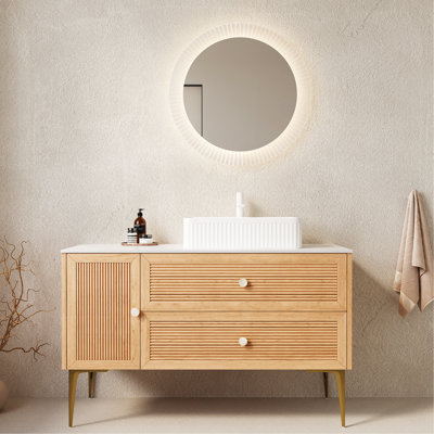 Meuble-lavabo de 48 po avec lavabo, armoire de rangement autoportante en contreplaqué avec 4 pieds en métal, une porte et 2 tiroirs, lavabo rectangulaire en céramique blanche, sans robinet, pré-assemblé, couleur grain de bois de chêne