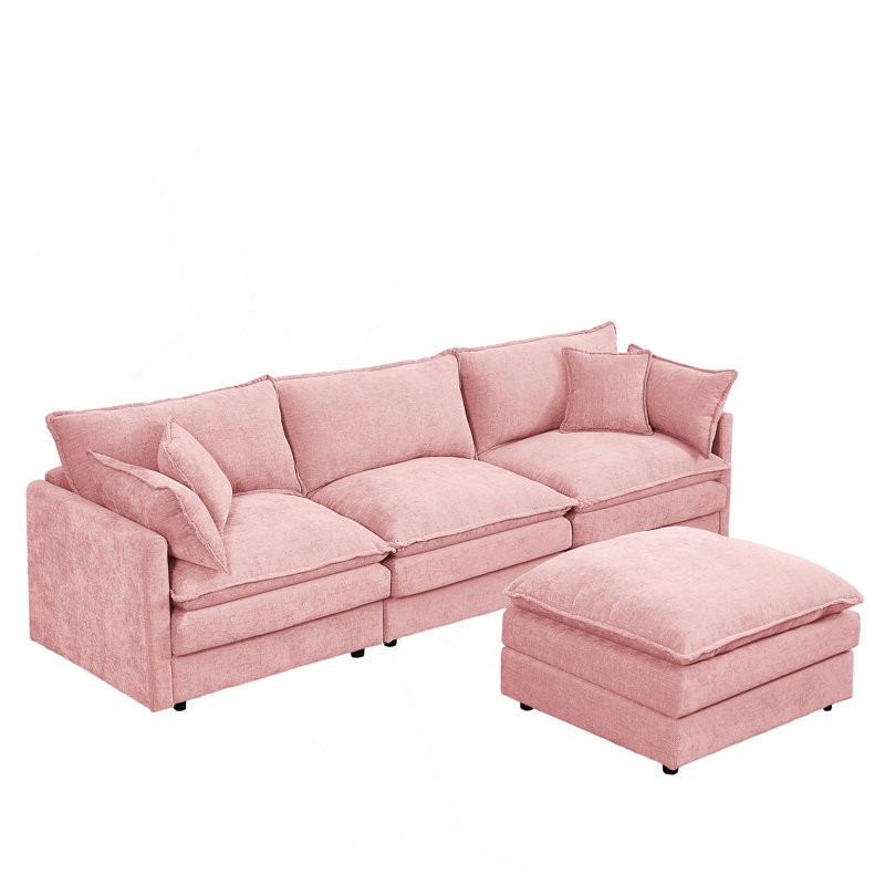 Canapé modulaire modulaire, ensemble de canapé en forme de L de 102 po pour le salon, canapé à 3 places confortable avec repose-pieds mobile, combinaison de bricolage, chenille, rose