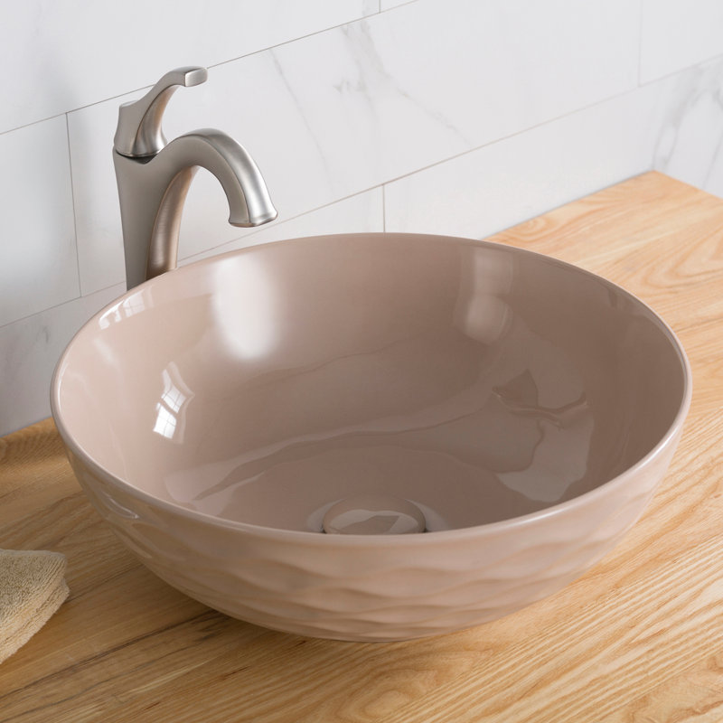 Beige Round Ceramic Vessel Sink with Ultra-Slim Edges