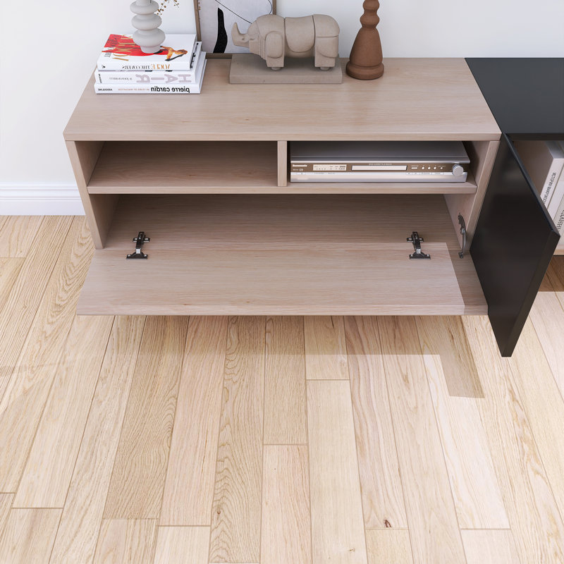 Meuble télé 19,7 po avec tiroirs et rangement ouvert pour téléviseur de 80 po ou moins, Bois naturel / noir