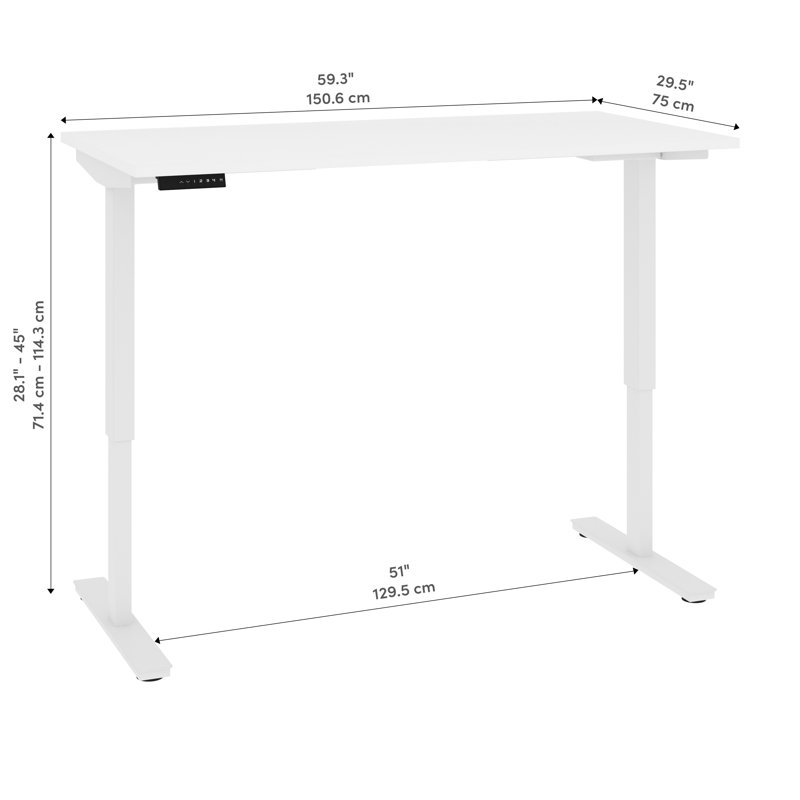 Bureau debout à hauteur ajustable Zoie, H 45 po x l 59,6 po x P 29,5 po, Blanc et blanc