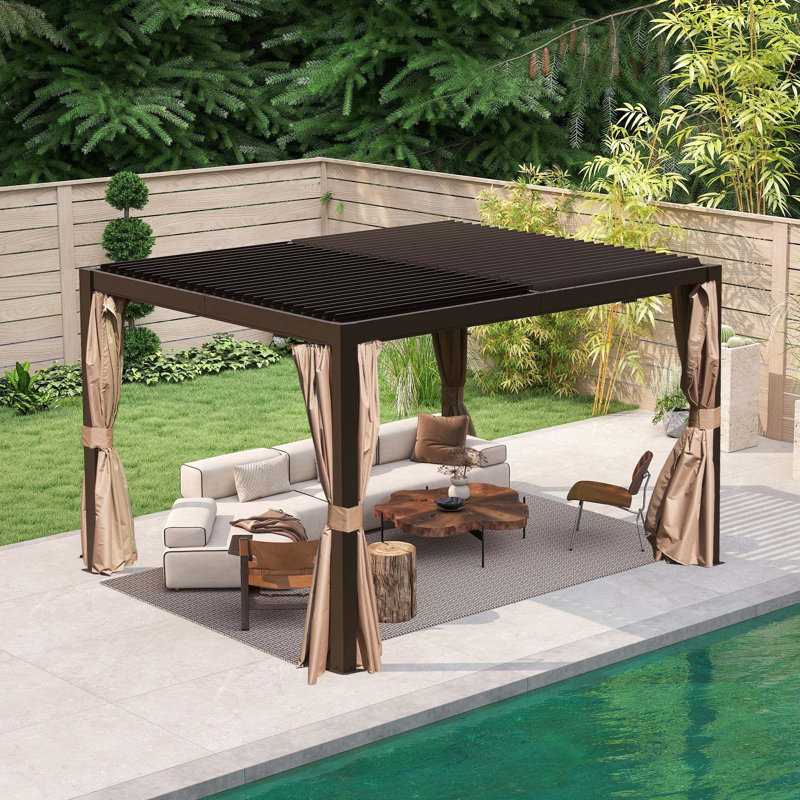 Pergola d'extérieur à persiennes avec persiennes réglables, H 92,8 po x l 141,72 po x P 118,82 po, Brun