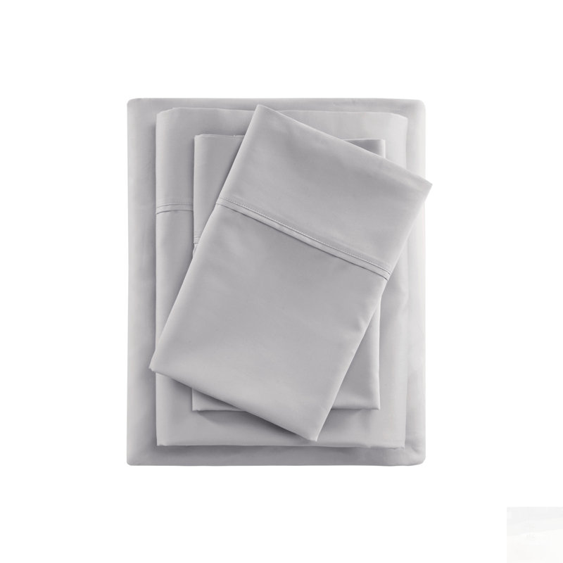 Ensemble de draps 4 pièces en mélange de coton rafraîchissant, gris, évacuant l'humidité pour un sommeil confortable