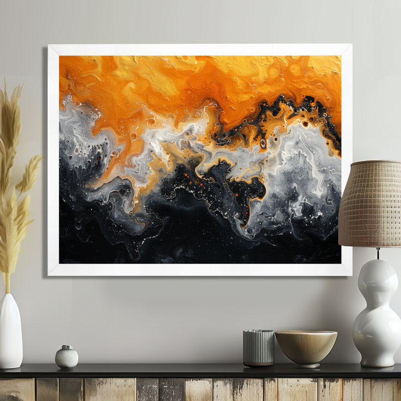 Orange orange abstrait noir liquide rivière I - encre liquide abstrait, H 24 po x l 32 po, Cadre simple blanc