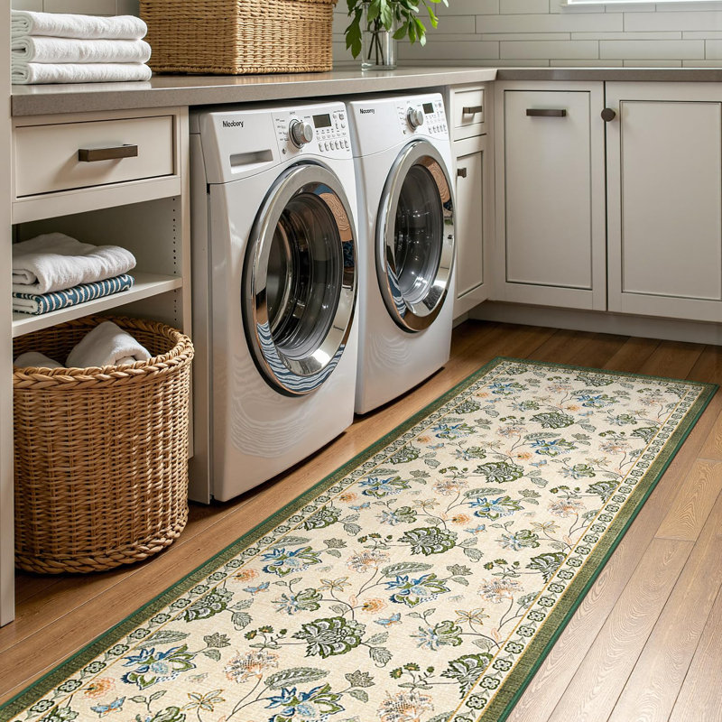 Chinoiserie Floral Rug Vintage Romance Design Washable Non-slip Green/Beige, Runner 3' x 8', Green/Beige