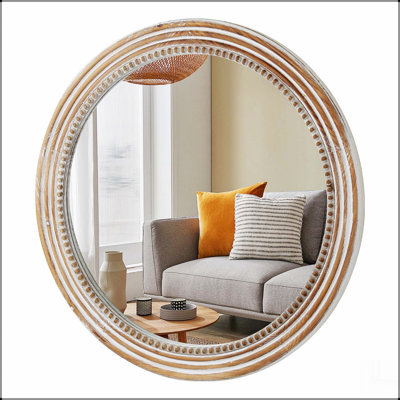 Rustic Round Wall Mirror, 23.62 Inches Wood Circle Mirror with Beads, Decorative Farmhouse Mirror for Living Room, Bedroom, Kitchen, Entryway (White)