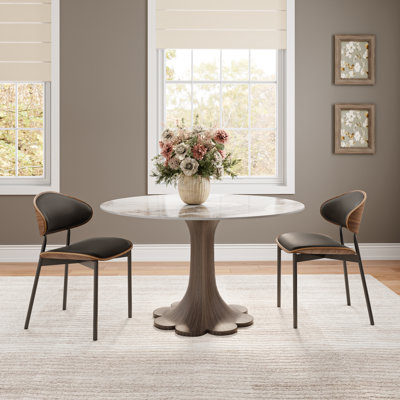2-8 Seats Dark Walnut Tone Dining Room Setsfloral Shape Kitchen Dinner Table With Leather Upholstered Side Dining Chairs