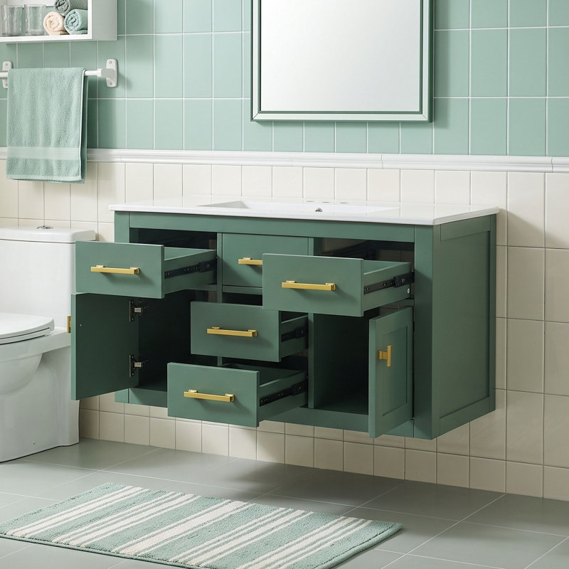 Meuble-lavabo mural moderne avec lavabo en céramique, 4 tiroirs et portes à fermeture en douceur Modern
