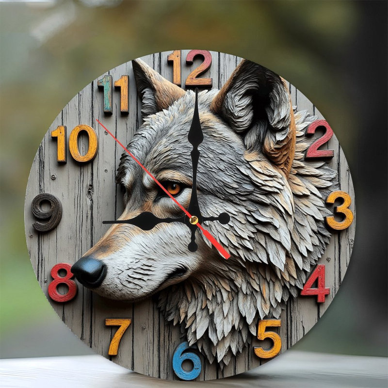 Décoration artistique horloge murale tête de loup en bois