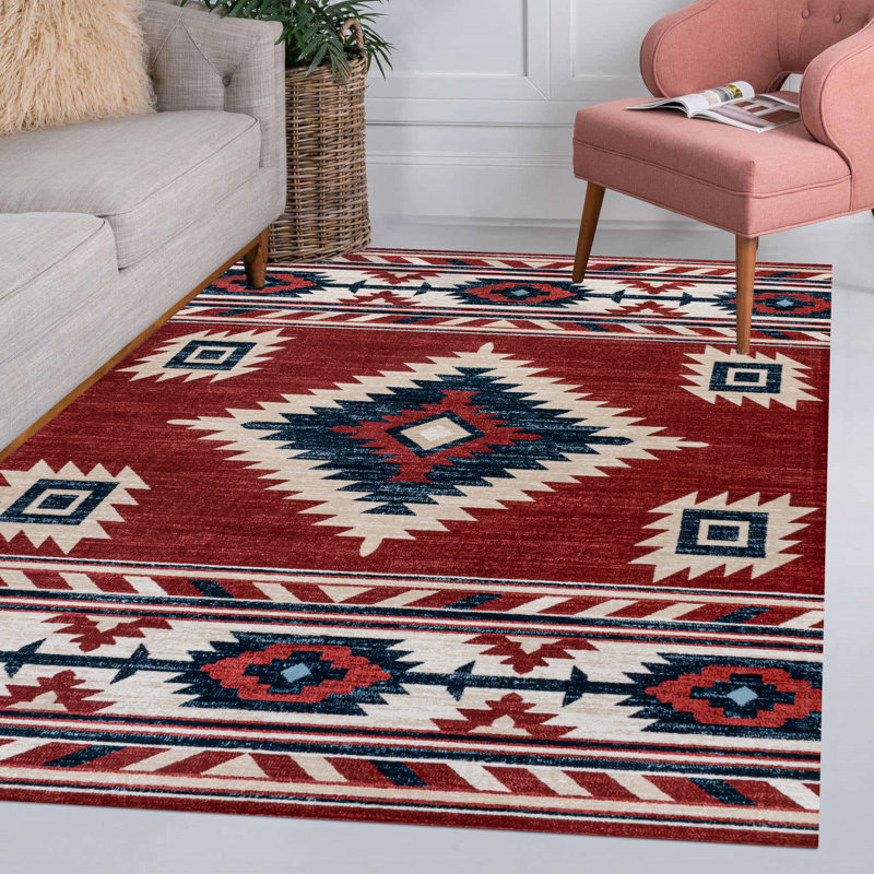 Herdis Medallion Southwestern Red/Navy/Cream Rug, Rectangle 4' x 6'