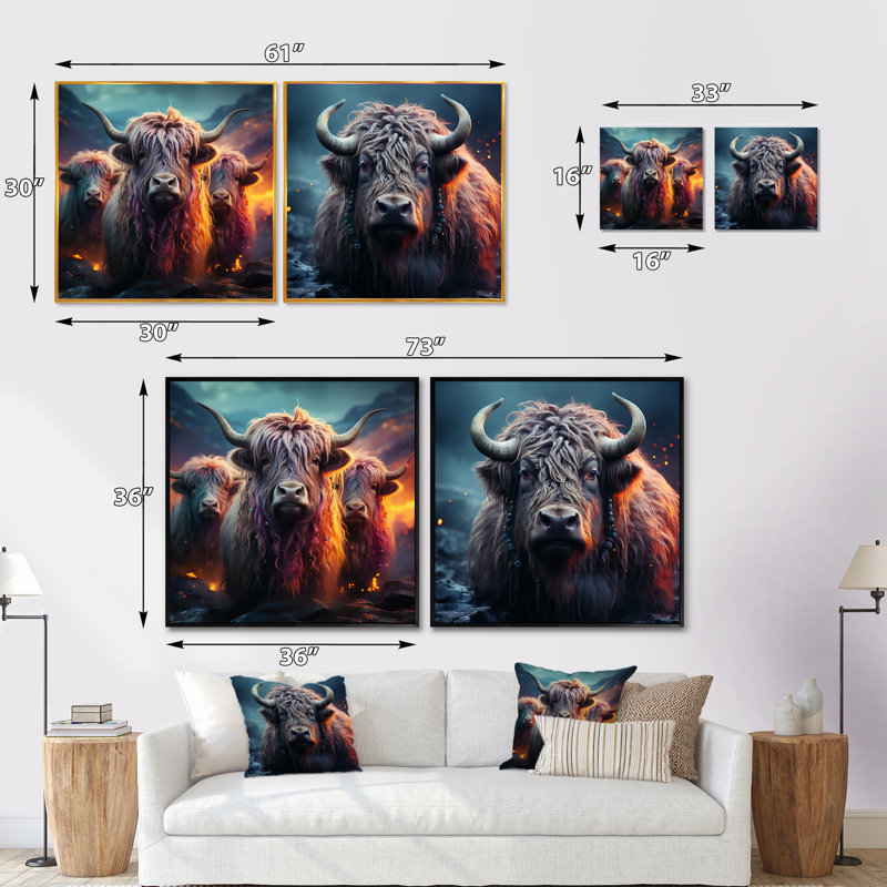 Portrait de yaks enchantés - ensemble de 2 animaux carrés en collage, Cadre flottant blanc, H 30 po x l 61 po