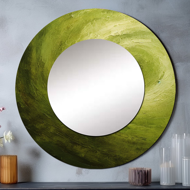 Green Orbit Spiral I - miroir mural décoratif spirales abstraites, miroir rond moderne, impression d'art en métal