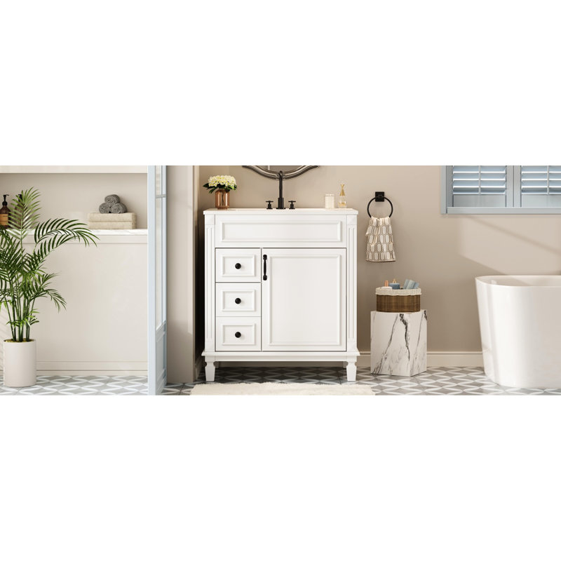 Meuble-lavabo de 30 po avec lavabo en céramique de haute qualité, fermeture coulissante à deux tiroirs et tablette ajustable, coulissante silencieuse, pour les espaces compacts