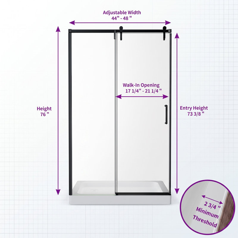 44-48" W x 76" H Frameless Sliding Shower Door | 6mm SGCC Tempered Glass | Soft Close | Reversible Installation