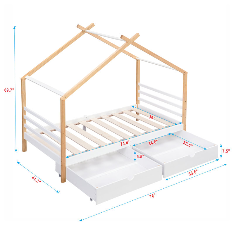 Lit maison avec toit et tiroirs, lit plateforme, cadre de lit