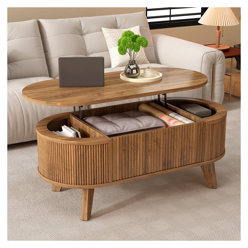 Table basse à plateau relevable cannelé avec rangement, table basse ovale moderne pour le salon ou le bureau personnel (noyer)