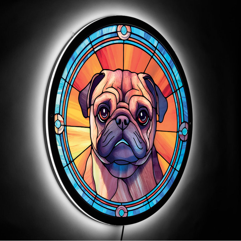 Enseigne néon Pug Enseigne néon | Enseigne lumineuse néon à DEL, H 15 po x l 15 po