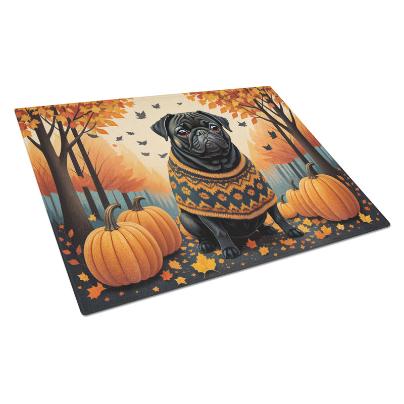 Black Pug Fall Glass Cutting Board Large