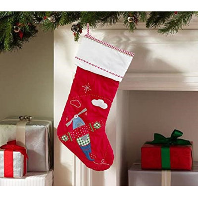 Christmas Stockings, 20" Quilted Lining Large Embroidery Hanging Décor For Fireplace/Xmas Tree, Holiday Party Decoration (Airplane V2)