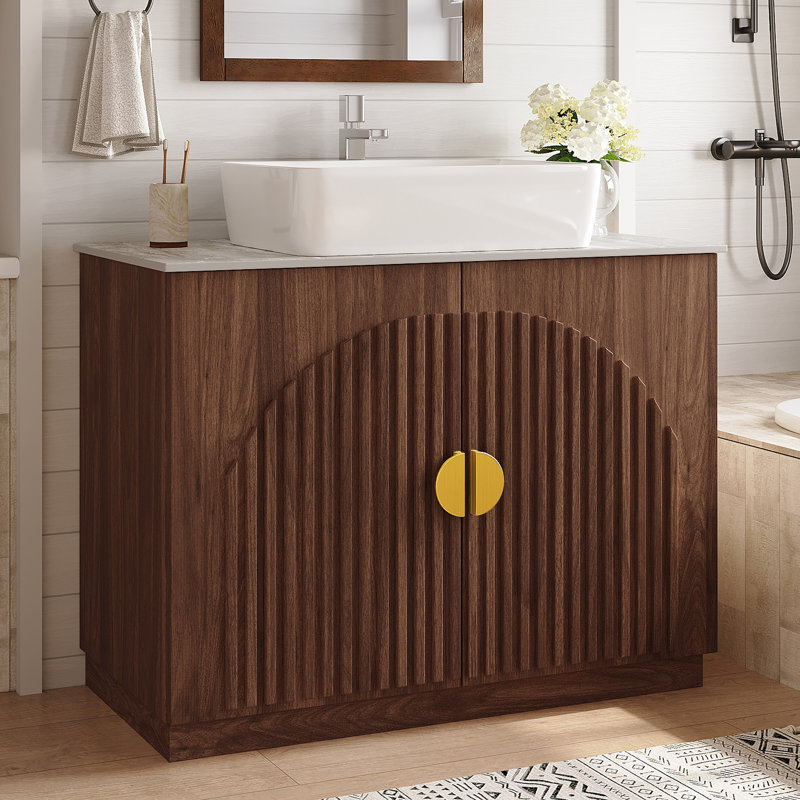 Single Bathroom Vanity With Stone Countertop And Sink, Antique Brown, White, 36"