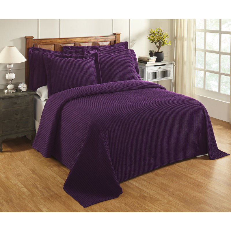 Couvre-lit touffeté en chenille 100% coton Jullian, motif à rayures classique, couvre-lit doux et respirant, lavable à la machine toutes saisons, certifié OEKO-TEX, très grand, prune