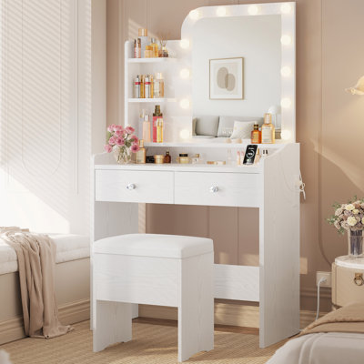 White Makeup Vanity Desk With LED Mirror, Storage Stool, Power Outlet & Drawer Organizer by Ebern Designs