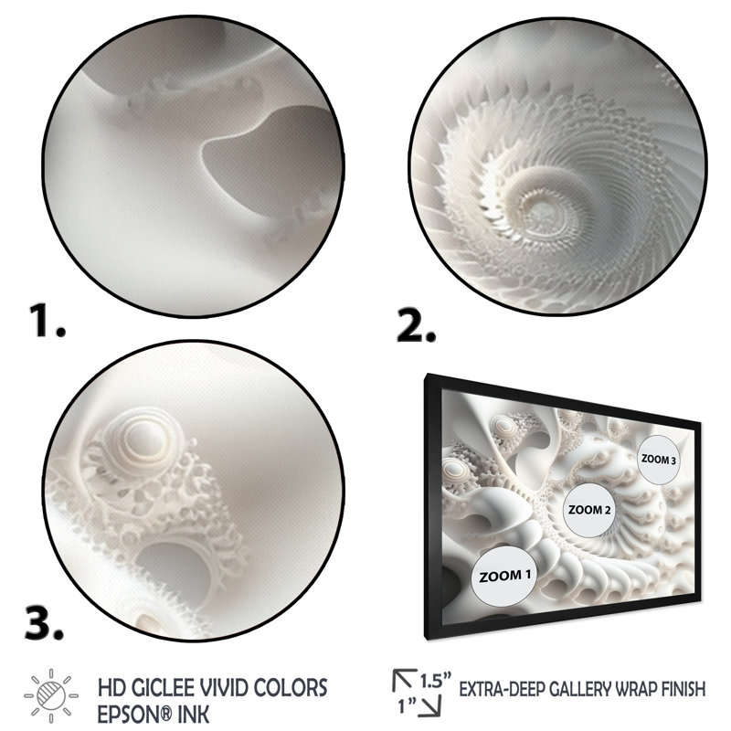 «Nisbett White Fractal Spiraling IV», reproduction sur toile, Cadre photo noir, L 20 po x H 12 po
