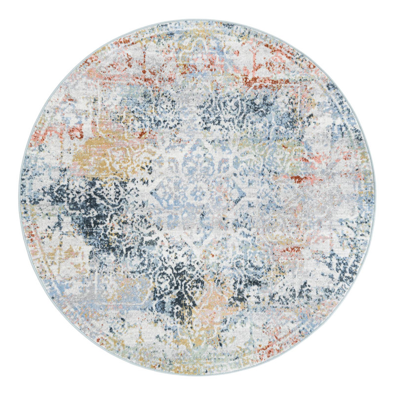 Tapis gris / bleu marine / taupe en polyester tissé à la machine Massie, Rond 5 pi 3 po