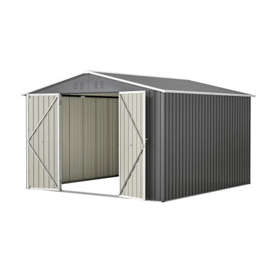 Grey 10x10 Ft Outdoor Storage Shed With Updated Frame And Lockable Doors, Ventilation Sloped Roof, Ideal For Backyard Solutions Frame, Great
