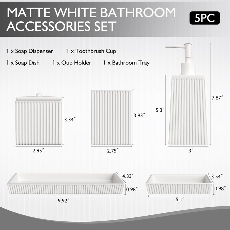 Ensemble d'accessoires de salle de bain en céramique 5PCS, ensembles de salle de bain avec distributeur de savon