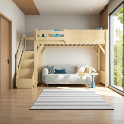 Solid Wood Loft Bed With Beside Shelves, Guardrails And Stairs, No Box Spring Needed