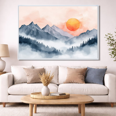 Art mural montagne minimaliste, toile soleil levant, montagne minimaliste avec soleil levant