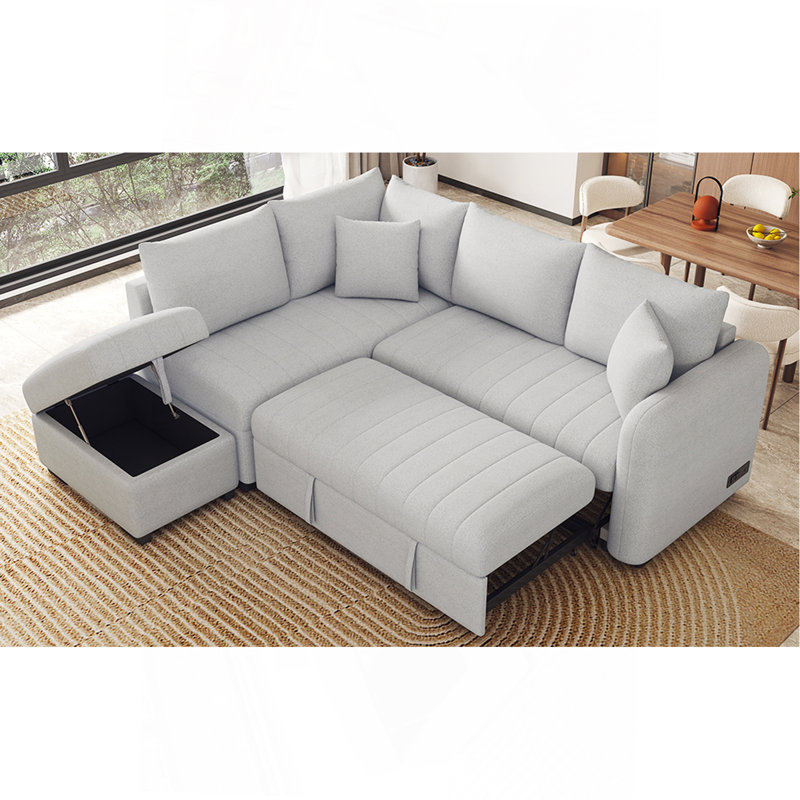 Canapé-lit modulaire en forme de L de 82,6 po avec deux ports USB, deux prises de courant et un repose-pieds de rangement mobile, gris
