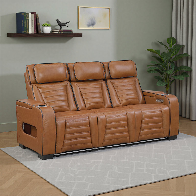 Canapé inclinable électrique en cuir fleur double moderne et contemporain de 84 po Eshan, Brun cuir