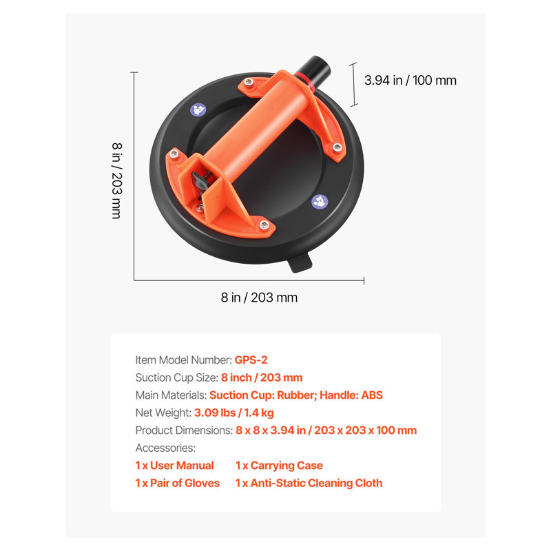 Pro-Grade 8-Inch Heavy Duty Vacuum Glass Lifter with Ergonomic Handle - 400 lbs Capacity Tile Suction Cup Tool for Granite, Windows & Drywall Installation