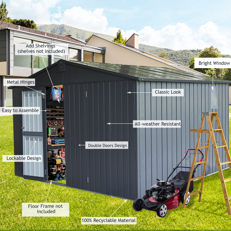 Metal Portable Storage Shed, Gray, 78.7" H x 154.17" W x 138.11" D