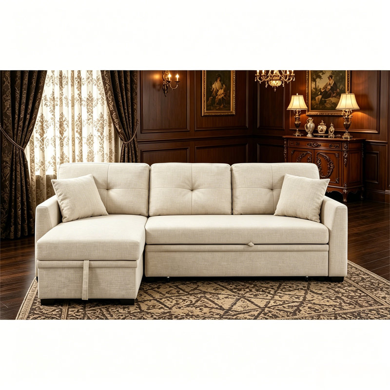 Canapé modulaire 76,5 po en mélange de lin avec lit escamotable et rangement pour chaise longue, Mélange de lin beige