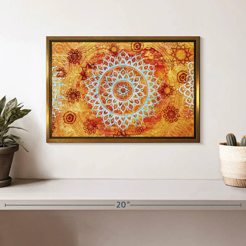 Soleil comme mandala, Cadre flottant doré, 13 po x 9 po
