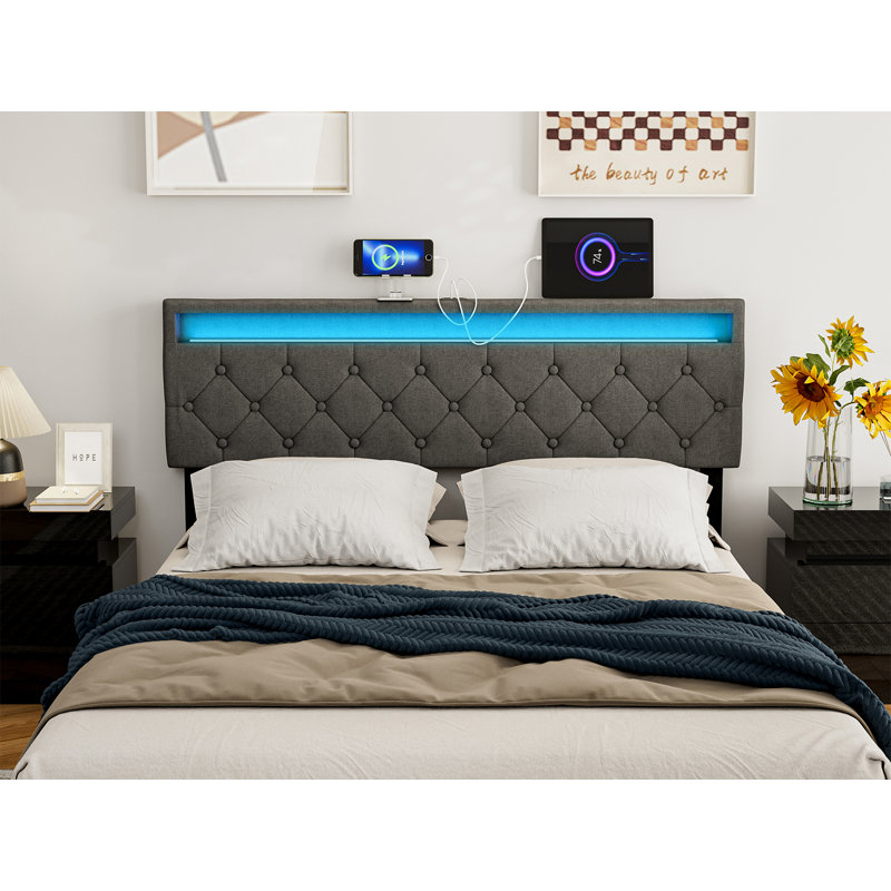 Bertwald Upholstered Headboard With 2 Usb Ports & Led Lights - Adjustable Height, Queen, Dark Gray