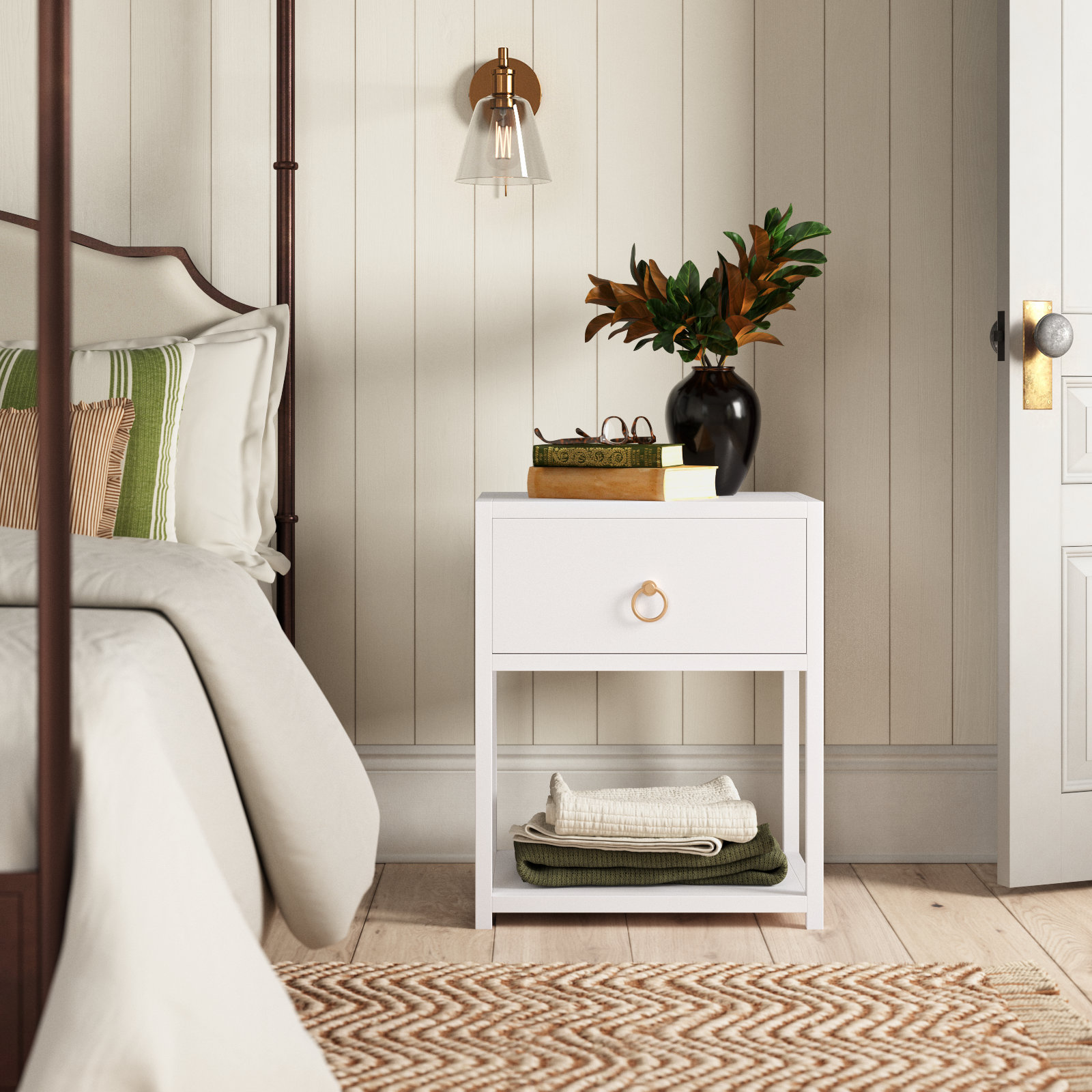 Elin 1-Drawer Acacia Nightstand, White