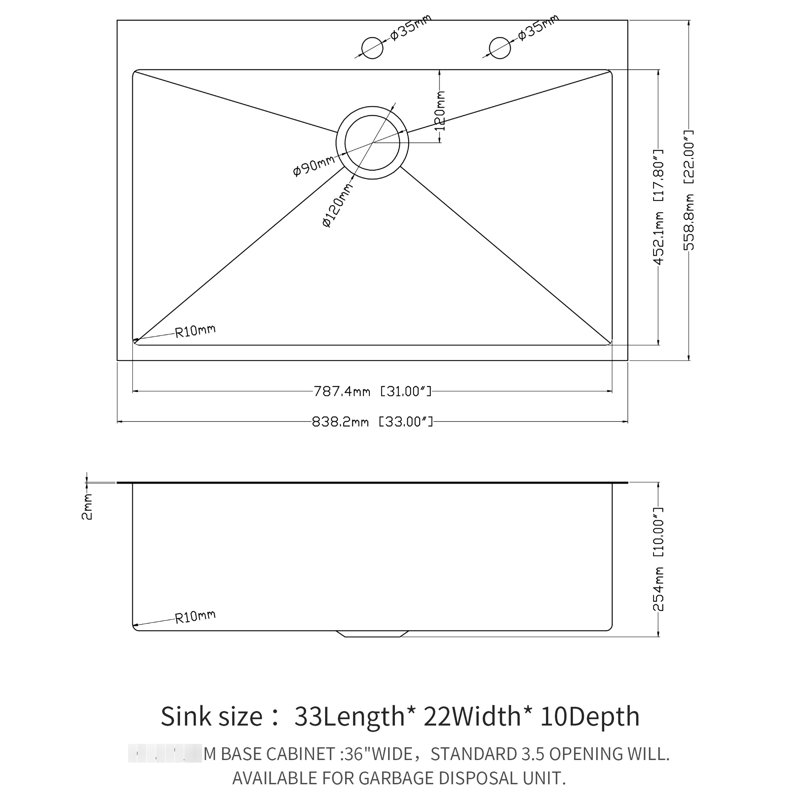 33" Drop In Kitchen Sink: Stainless Steel, 22 Inch Width, Soundproof Bottom Single Bowl Topmount 10 Depth, Noise Padding