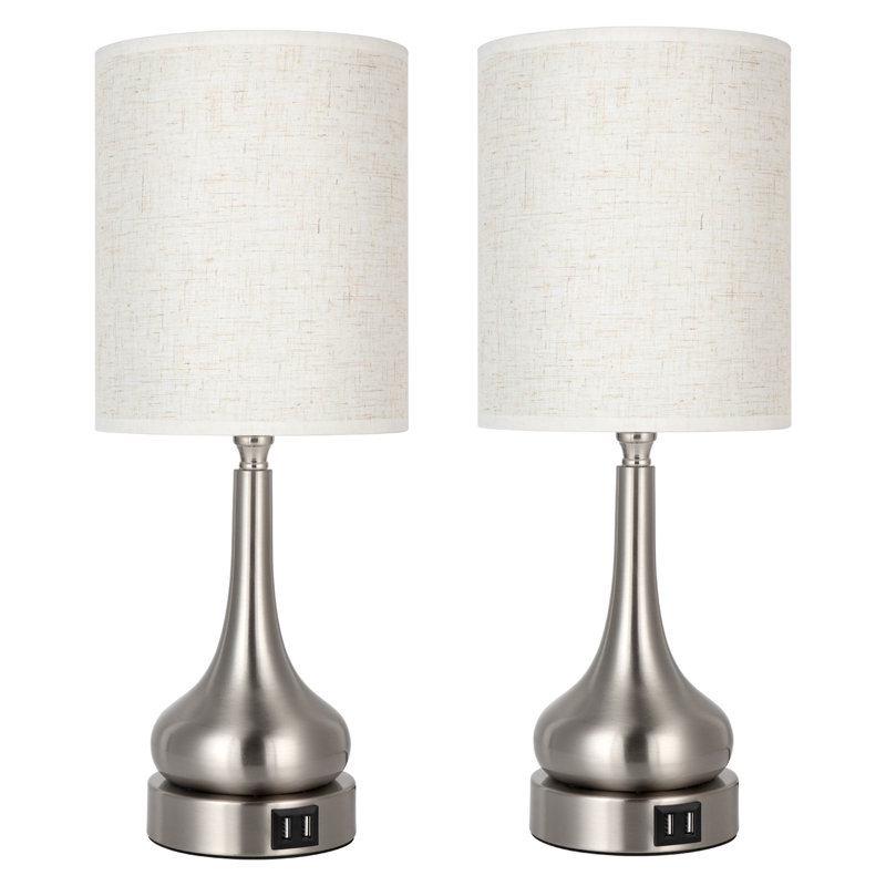 Deux ensembles de lampe de table gourde avec base en nickel sable et abat-jour en lin 2USB