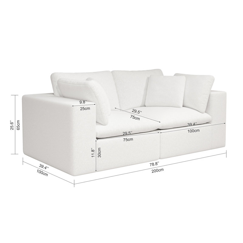 Siège modulaire 78,8 x 39,4 po, canapé rembourré en velours côtelé blanc, 2 pièces, sans assemblage pour appartement, canapé-lit