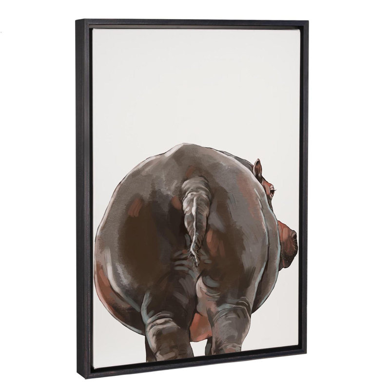 Art hippopotame, H 60 po x l 40po x P 1,5 po, Toile avec cadre noir patiné