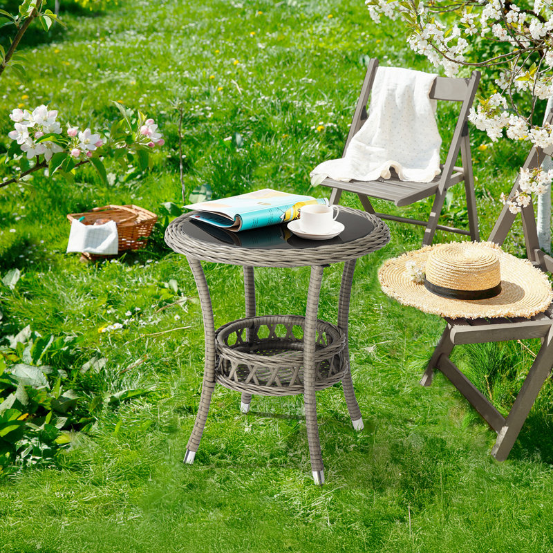 Patio Round Wicker Side Table, Gray